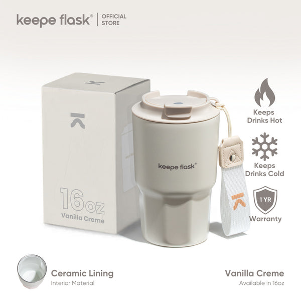 (Creamy White) Keepe Flask Premium Coffee Tumbler CERAMIC LINER "Vanila Creme" Stylish Stainless Steel Insulated Hot and Cold Coffee Mug with Spout Lid & Strap16oz/450ml