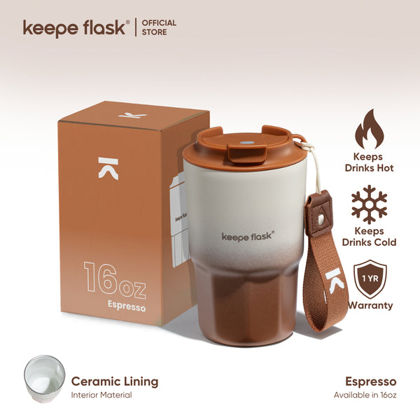 (Gradient Brown) Keepe Flask Premium Coffee Tumbler CERAMIC LINER "Espresso" Stainless Steel Vacuum Insulated Hot and Cold Tumbler Coffee Mug 16oz/450ml