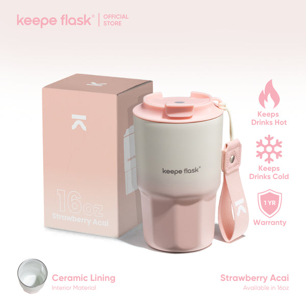 Keepe Flask New Stylish Coffee Tumbler CERAMIC LINER Double Wall Gredient Matte Finish Coffee Mug Hot and Cold Tumbler Cups with Lid & Strap 16oz/500ml