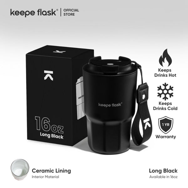 (Long Black) Keepe Flask Premium CERAMIC LINER Coffee Tumbler Black Classic Stainless Steel Vacuum Insulation Thermal Coffee Mug with Spout Lid & Strap16oz/450ml