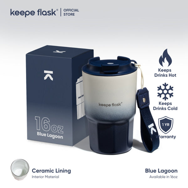 (Gradient Blue) Keepe Flask Premium CERAMIC LINER Coffee Tumbler "Blue Lagoon" Stainless Steel Vacuum Insulation Thermal Flask Coffee Mug With Lid & Strap16oz/450ml