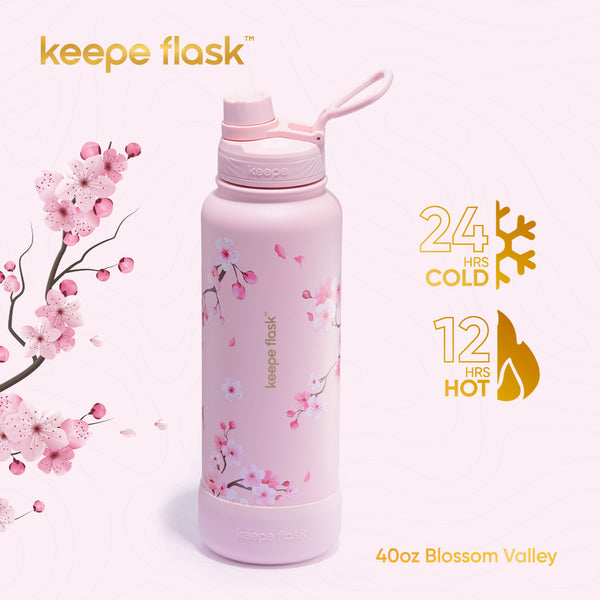 Keepe Flask 3D Sakura Tumbler Vacuum Wide Mouth Flask w/ Spout Lid Japanese Blossom Insulated Bottle